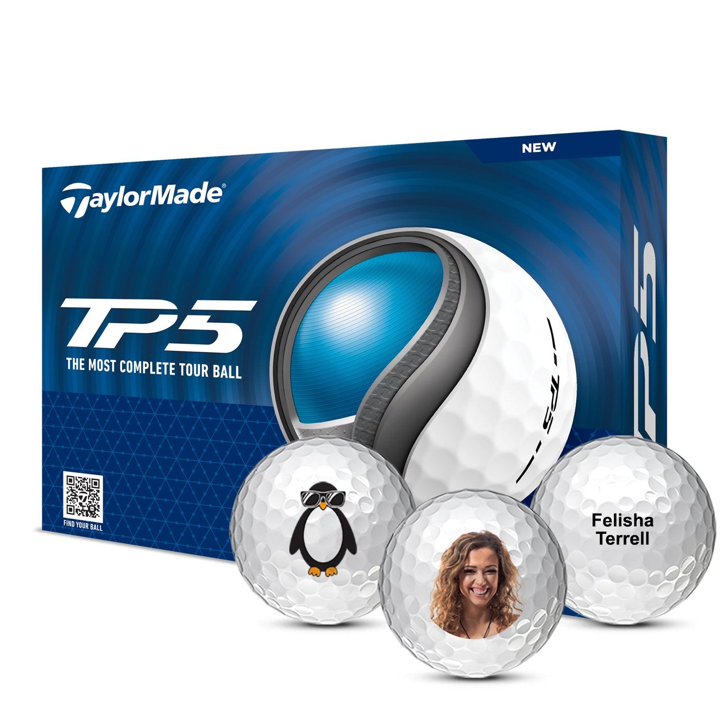 Box TaylorMade TP5 golf balls with three custom golf ball examples in front of the box.