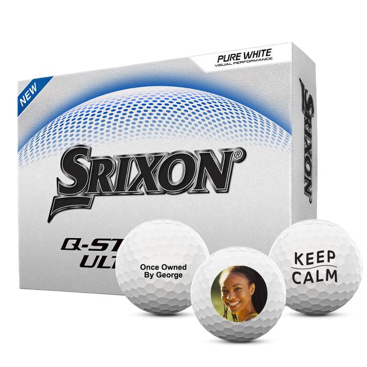Box of Srixon Q Star Ultispeed golf balls with three custom balls in front.