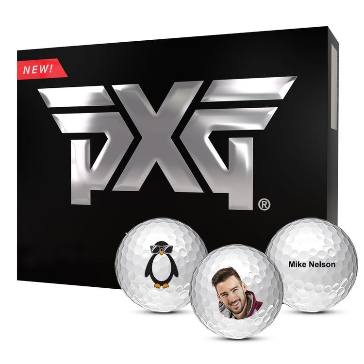 PXG Xtreme Golf Ball box with three custom balls in front.