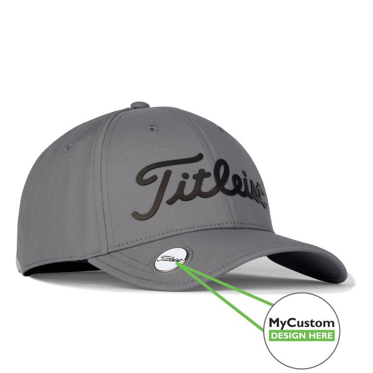 Titleist hat with custom ball marker on the bill of the hat