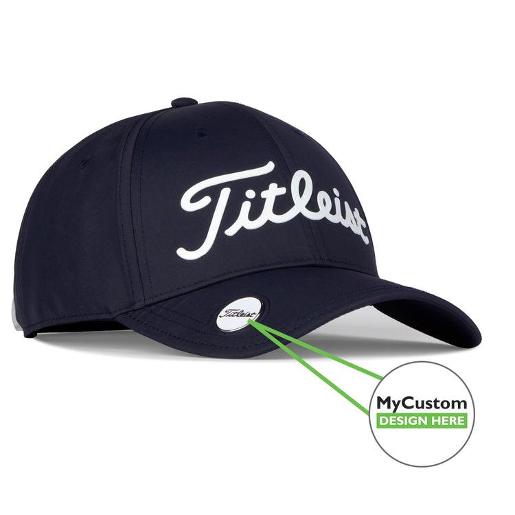 Titleist hat with custom ball marker on the bill of the hat
